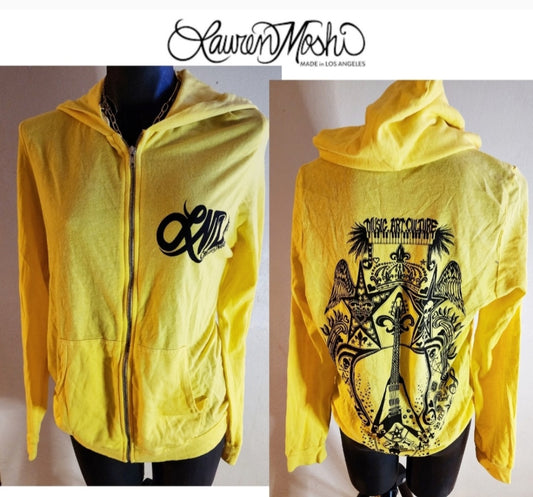 Lauren Moshi graphic bright yellow detail zip up hoodie. Sz Medium. New