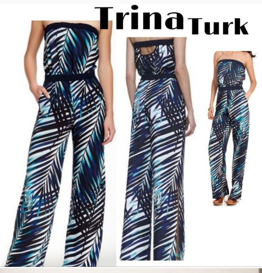 Trina Turk Lucila Palm Tree Green Blue Jumpsuit!  Beautiful! Sz 4. New! Org $205