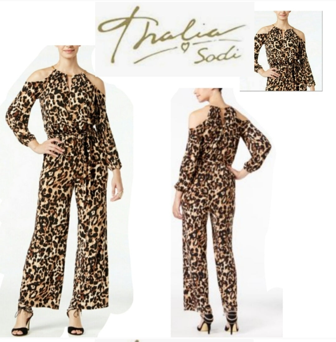 Thalia Sodi cold shoulder animal print jumpsuit