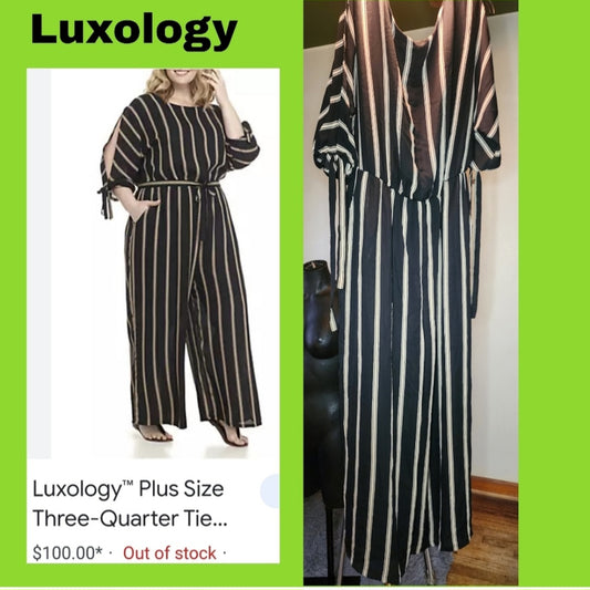 Luxology™Plus Size Three-Quarter Tie Sleeve Pinstripe Jumpsuit. Sz 16w