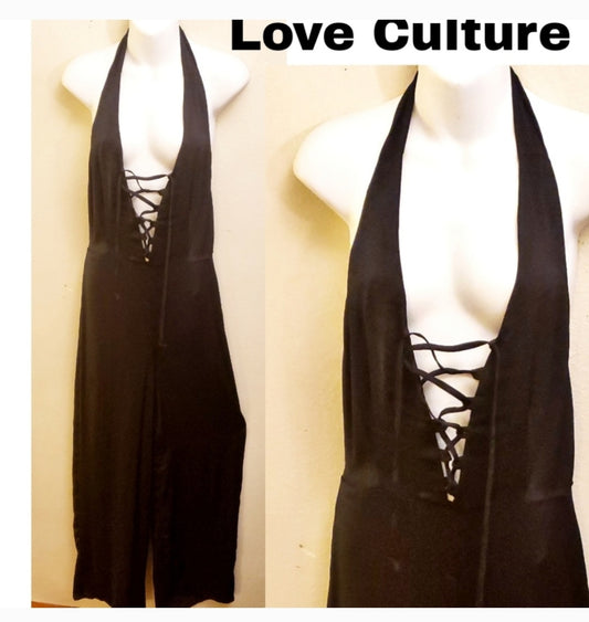 Love Culture plunging lace-up wide leg jumpsuit Lg