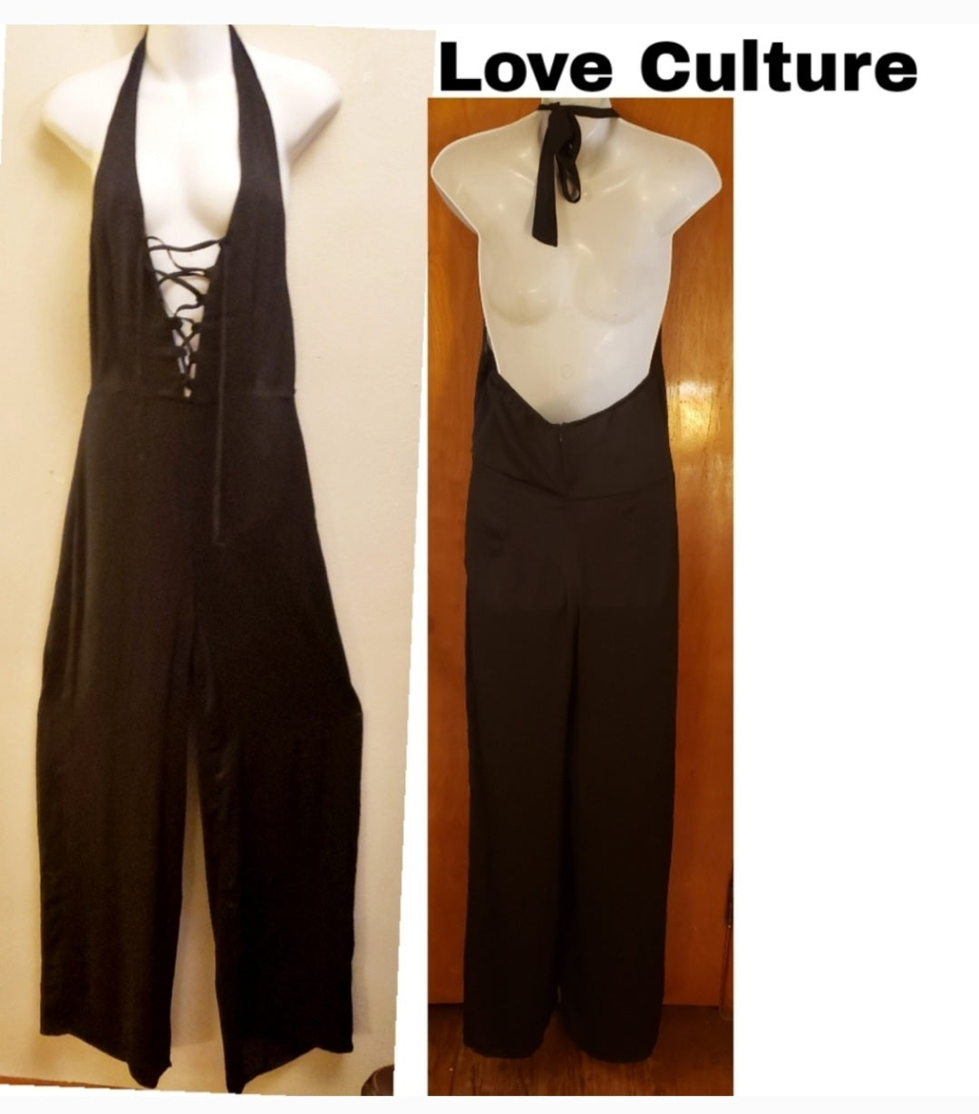 Love Culture plunging lace-up wide leg jumpsuit Lg