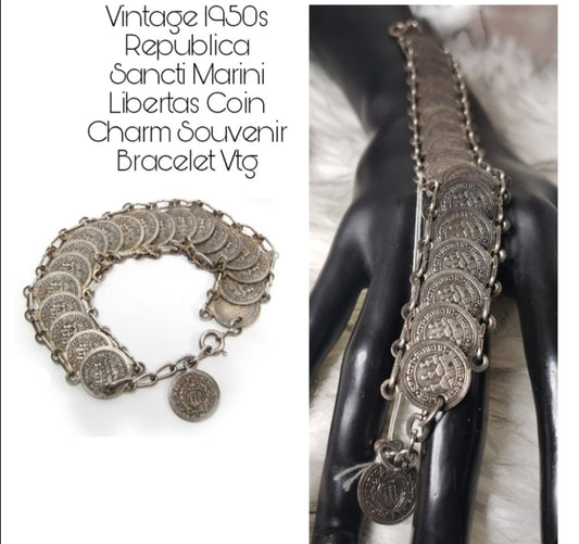 Vintage 1950s Republica Sancti Marini Libertas Coin Charm Souvenir Bracelet