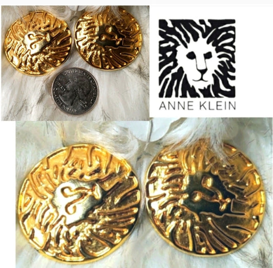 Vintage ANNE KLEIN Lion Logo Earrings Clip Classic Gold Plate. Excellent