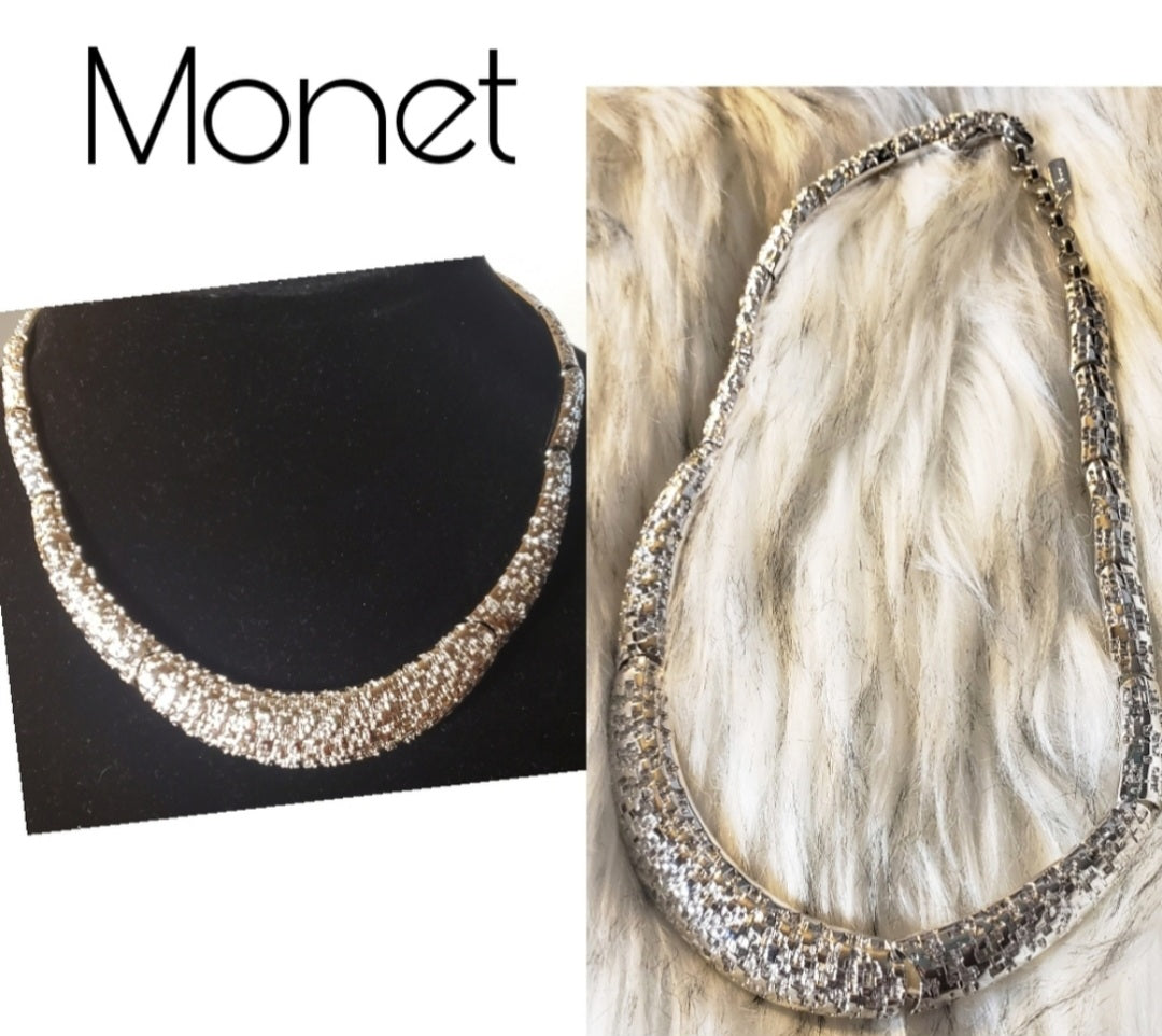 Monet silver basket weave collar necklace. New