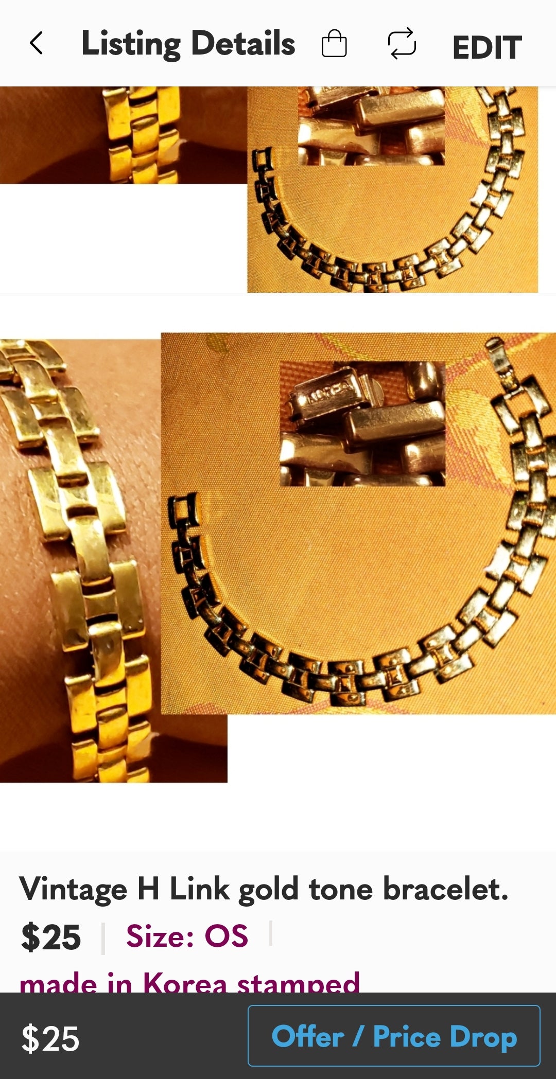 Vintage H Link gold tone bracelet.