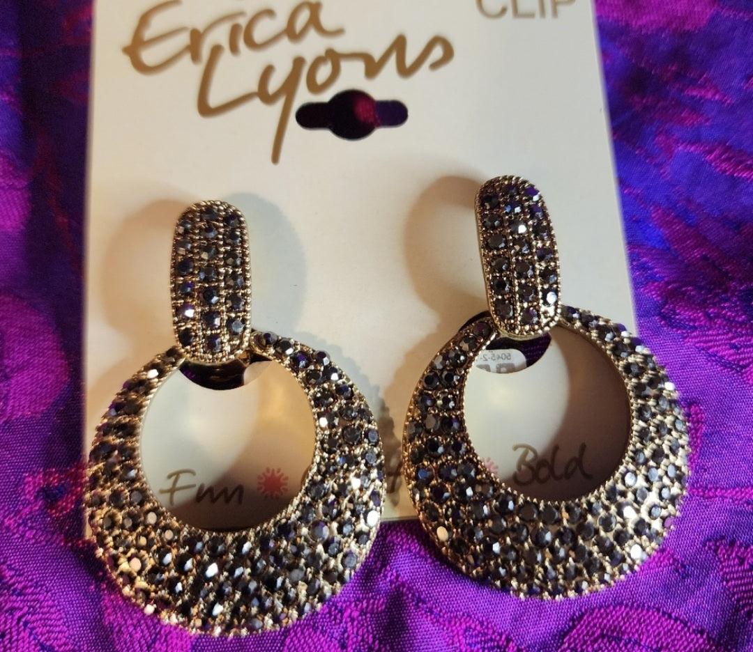 Erica Lyons cocktail ears and clips earrings.  Black rhinestone