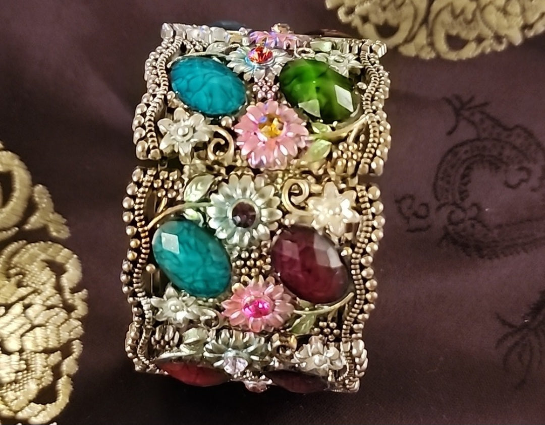 Colorful Floral Jeweled Sparkling Panel Cuff Bracelet.  Antique Statement Pc