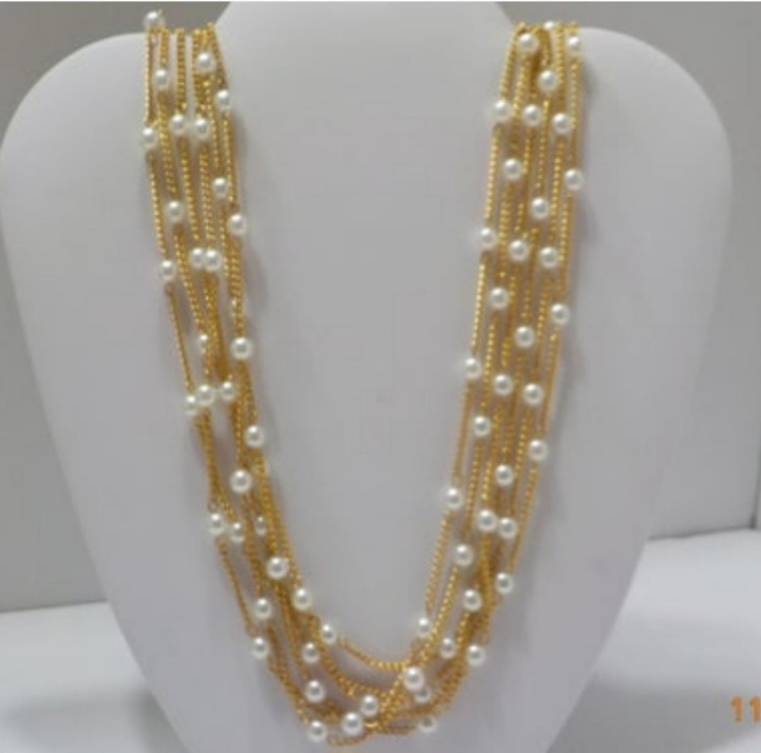 Elegant Vintage Multi-Chain 6 Strands Gold Tone Chains W/ White Faux Pearl Beads