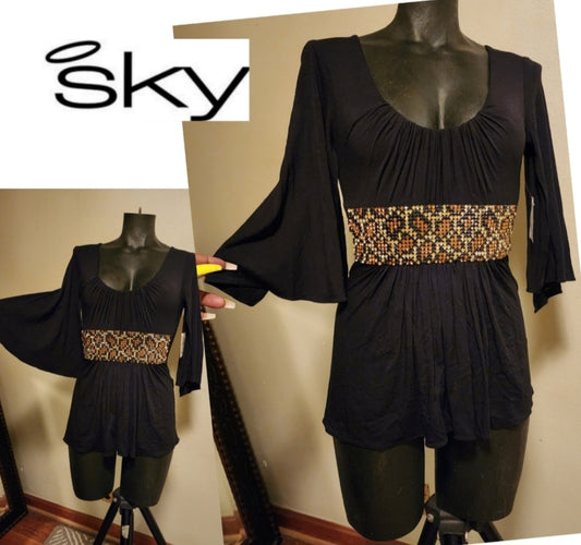 Sky Brand Top Angel Wing Sleeve Empire Waist  Metal animal print Size XS NEW!