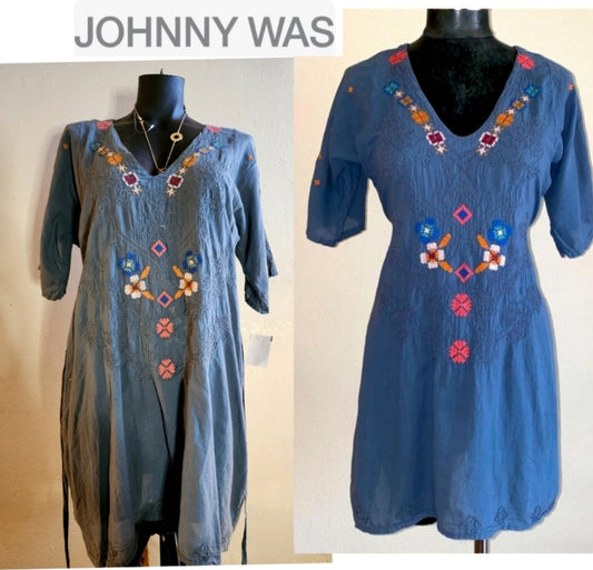 Johnny Was BIYA lightweight cotton embroidered tunic tie dress.  Sz Med.  New