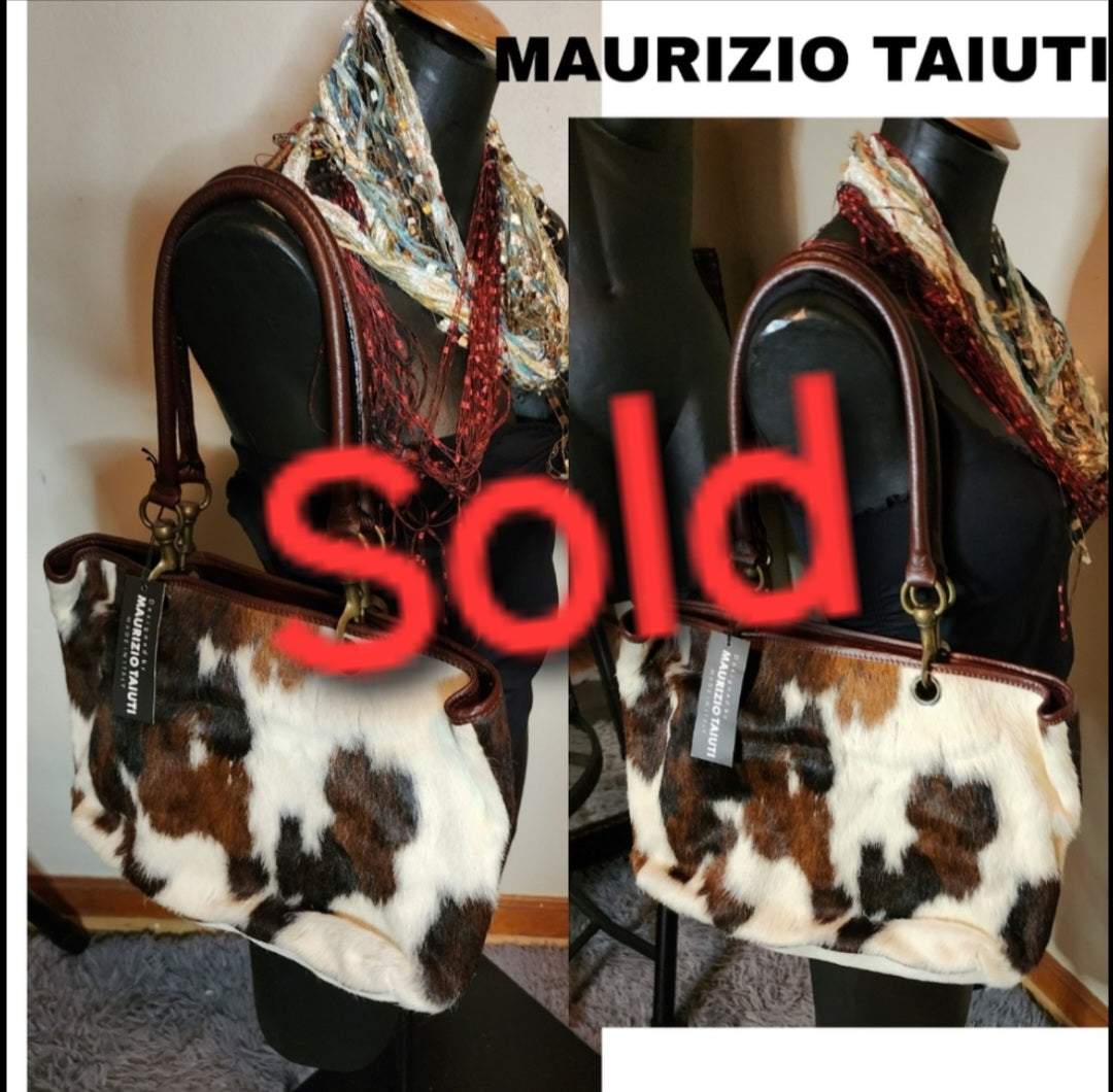 MAURIZIO TAIUTI EXTRA LARGE GENUINE COW HIDE LEATHER FUR TOTE PURSE. NWTs