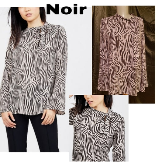 Noir zebra print blouse w/neck tie. Sz L