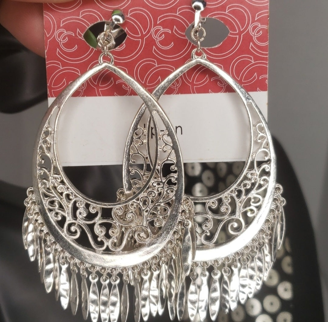 CC Silver Filigree Large Teardrop CLIP Earrings.