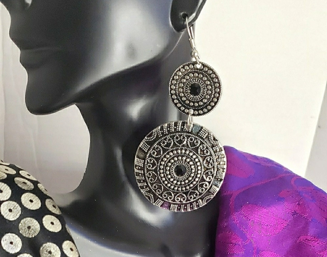 Antique silver/onyx "shield" earrings.