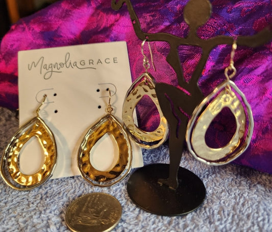 Magnolia Grace hammered double hoop silver/gold earrings.