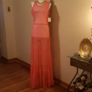 Silence & Noise coral sheer tiered maxi. Size L