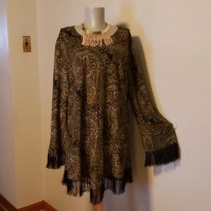 New Fashion paisley print fringed knit sweater XL