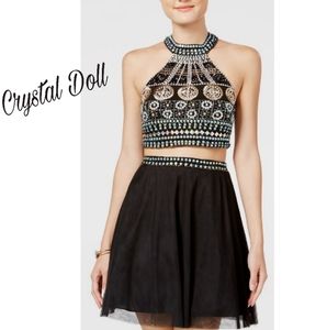 Crystal Doll 2 piece gemed navy halter/skirt. Nwt