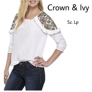 Crown & Ivy embroidered shoulder blouse.  Sz L pet