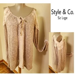 Style & Co cold shoulder crochet knt sweater. Sz L