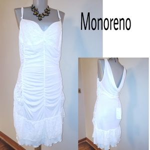 Monoreno ruched crochet trim slip dress. Sz Lrg