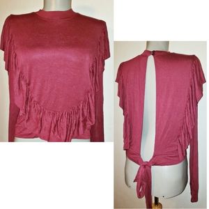 Red ruffle open tie back long sleeve top. Sz Lrg