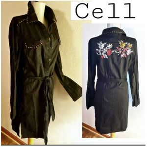 CELL embroidered belted studded shirt dress