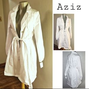AZIZ white 100% cotton trench dress/coat. Sz Med