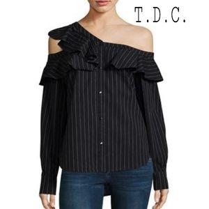 T.D.C. pinstripped one shoulder ruffled top. Xl