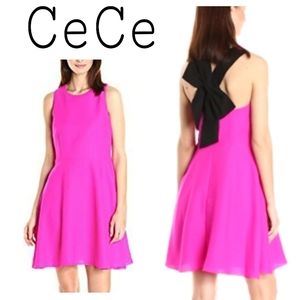 Cece Magenta Black Fit Flare Bow Back Sheath Dress