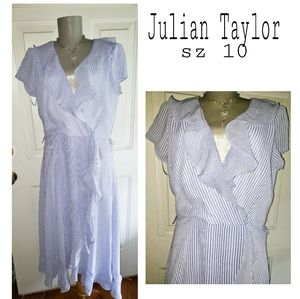 Julian Taylor  blue/white striped faux wrap dress.