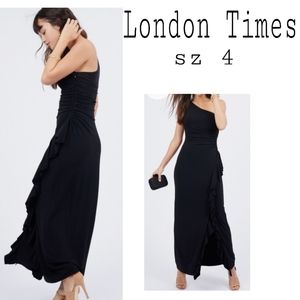 London Times blk one shldr ruched maxi dress. Sz 4