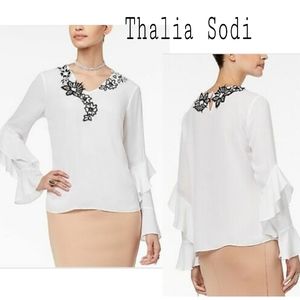 Thalia Sodi RUFFLED APPLIQUE BLOUSE sz Lrg