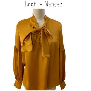Lost + Wander mustard scarf tie blouse. Sz XS
