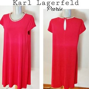 Karl Lagerfeld red pearl/gold chain collar.  Sz 10
