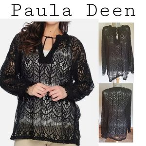 Paula Deen Crocheted Lace Long Sleeve Tie-Neck Lrg