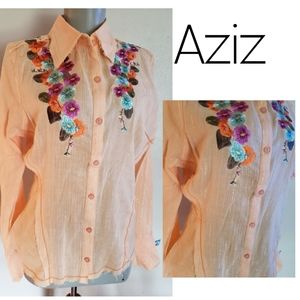 Aziz boho floral embroidered top. Peach. Sz Lrg