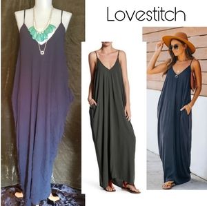 Lovestitch black maxi dress w/ pockets.  Sz Sm/Med