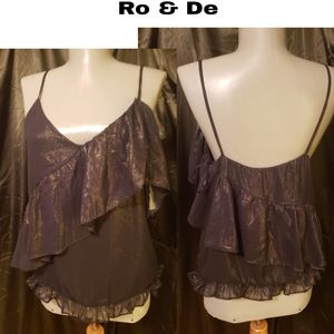 Ro & De Black Metallic Ruffled V-Neck Cami Top