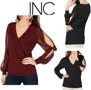 INC Surplice Illusion-sleeve Knit Blouse/Shirt.