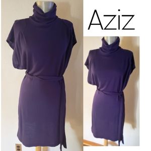 Aziz purple mock neck ruched knit sweater dress.
