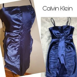 Calvin Klein blue satin panel ruched dress.  Sz 14