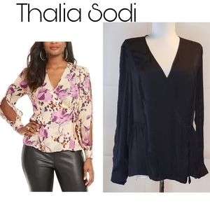 Thalia Sodi black Slit-Sleeve Faux-Wrap Top. Sz lg