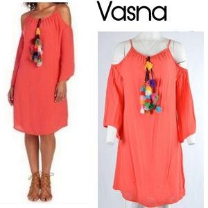 Vasna Summer Shift Dress Cold Shoulder Tassels Pom