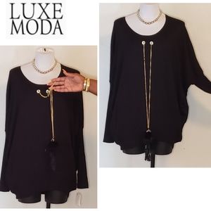 Luxe Moda black knit with gold chain accent. SM