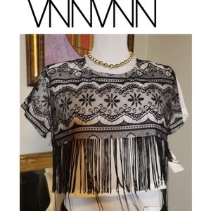 LF VNNVNN sheer fringe crop top.  Sz Lrg