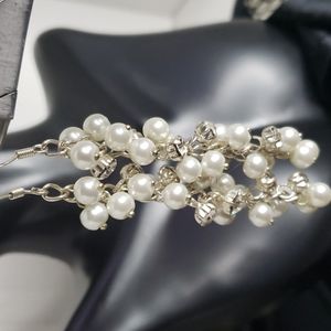 Silver/pearl/diamond cluster drop earrings