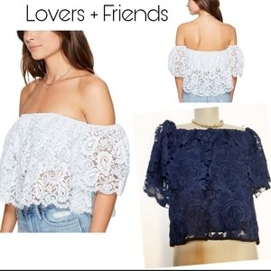 Lovers + Friends (rose) floral lace off the shoulder top. Sz Sm