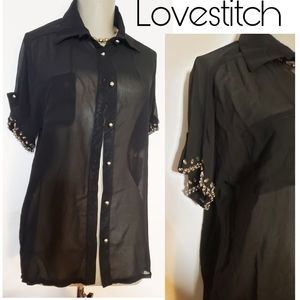 Lovestich sheer button up blouse with beaded trim. Sz Sm